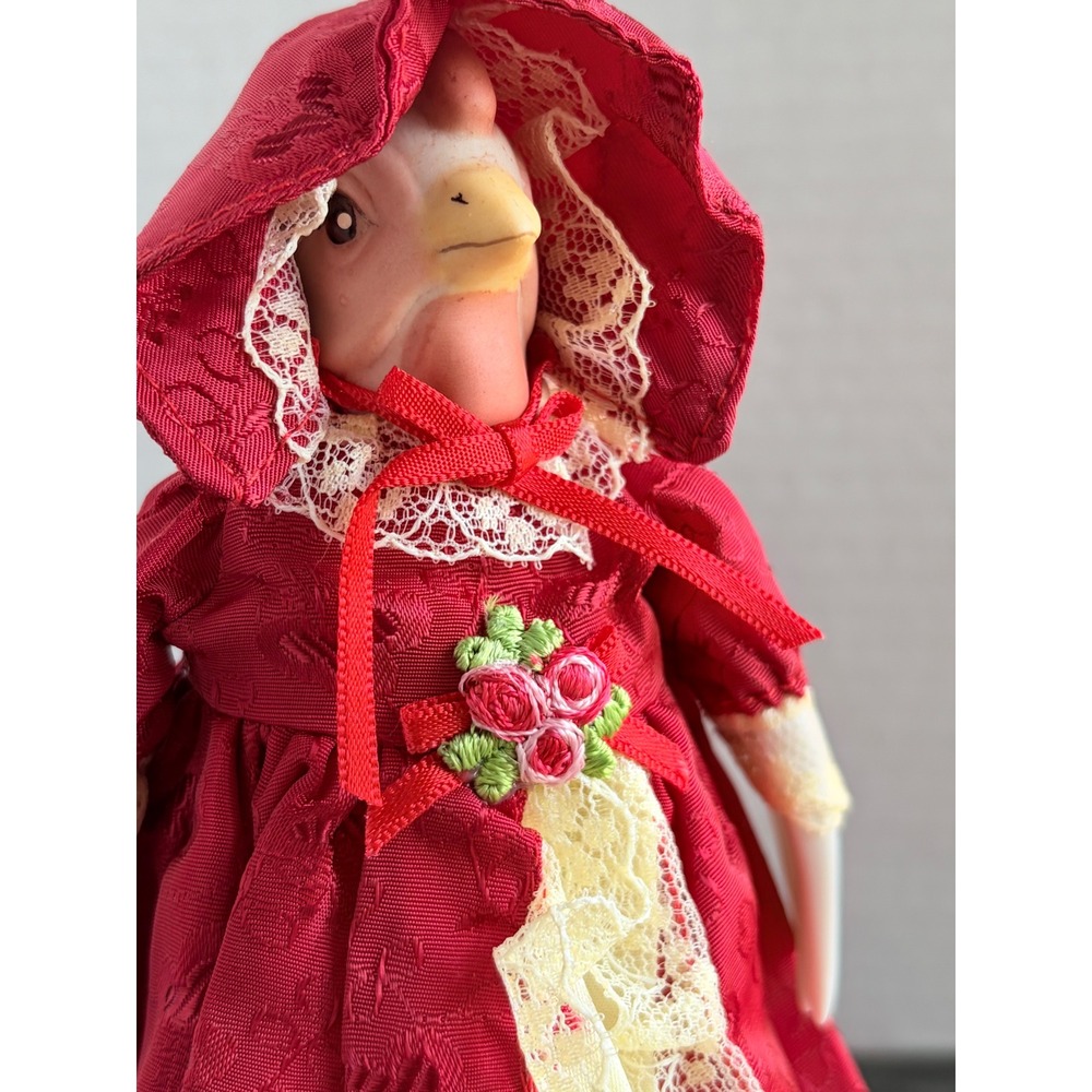 Porcelain Musical Chicken figurine Victorian Red Jacquard Dress Lace Hooded Cape